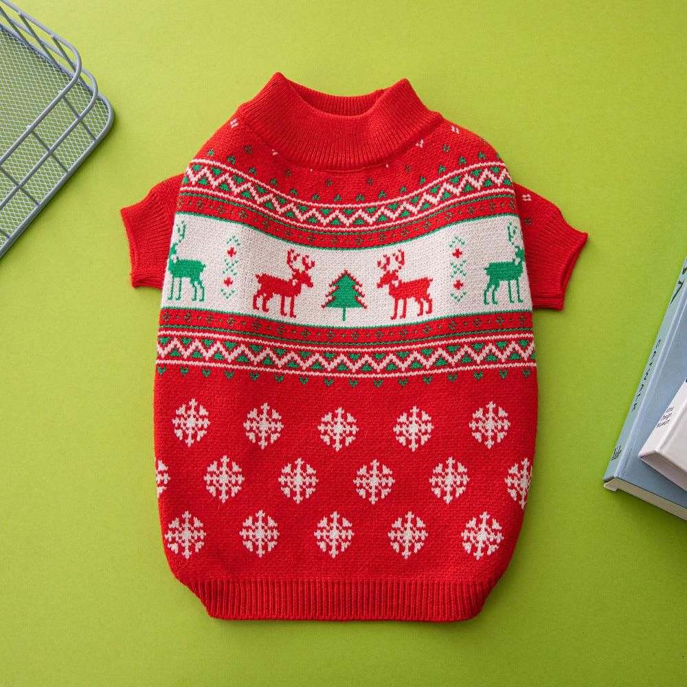 Festive Holiday Pet Sweater - Cozy Knitted Wool Christmas Dog Sweater With Elk And Christmas Tree Design