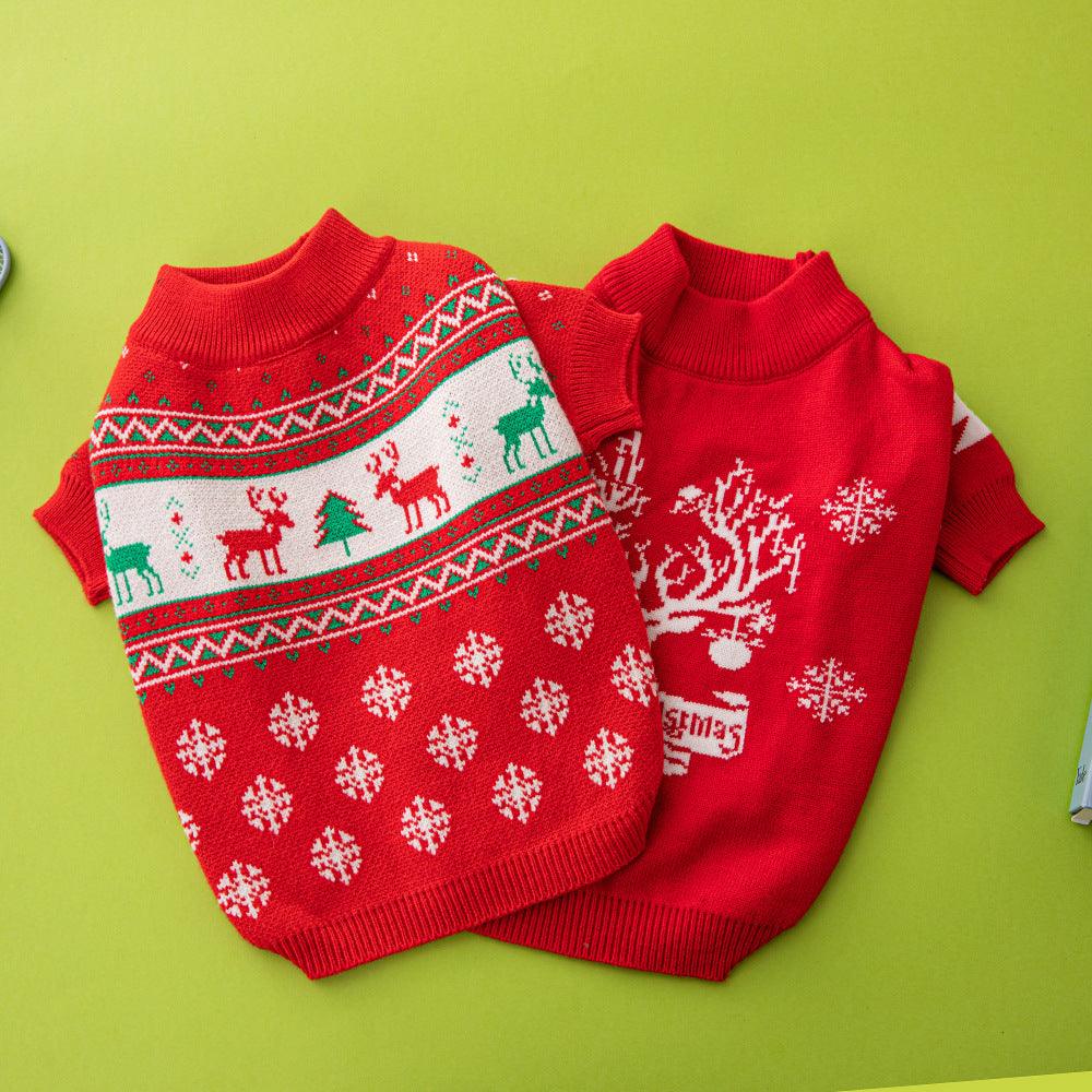 Festive Holiday Pet Sweater - Cozy Knitted Wool Christmas Dog Sweater With Elk And Christmas Tree Design